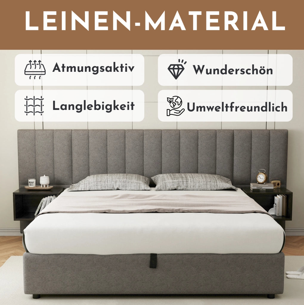 Letto matrimoniale 180x200 cm in lino grigio con contenitore idraulico; 2 comodini neri inclusi