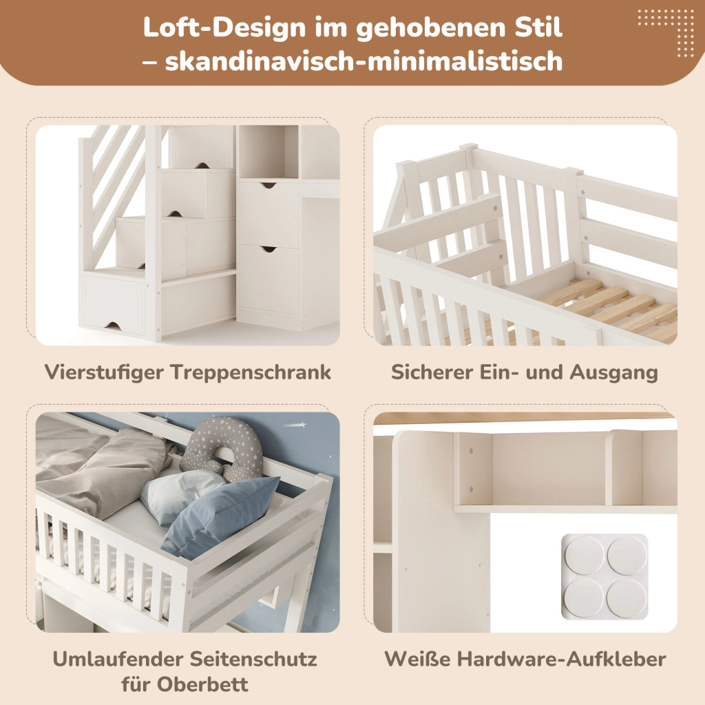 Castello in legno 90x200 bianco scala con armadio scrivania angolare cassetti