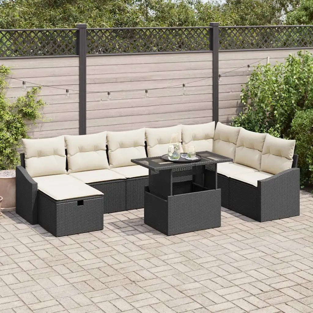 Set Divano da Giardino con cuscino 9 pcs Nero Poly Rattan 3359854