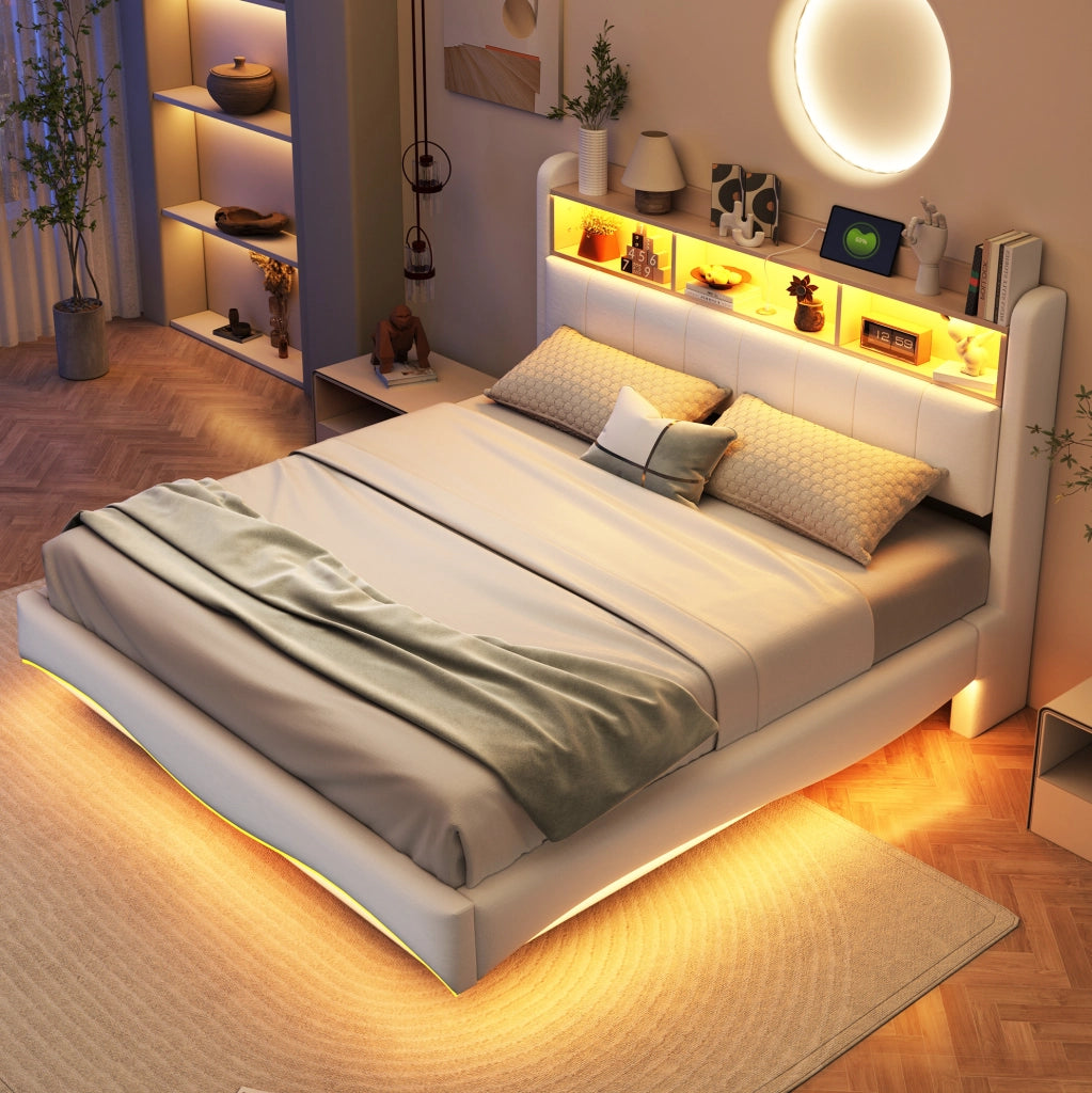 Letto imbottito sospeso 160x200 cm beige con LED, USB-C e vano testiera