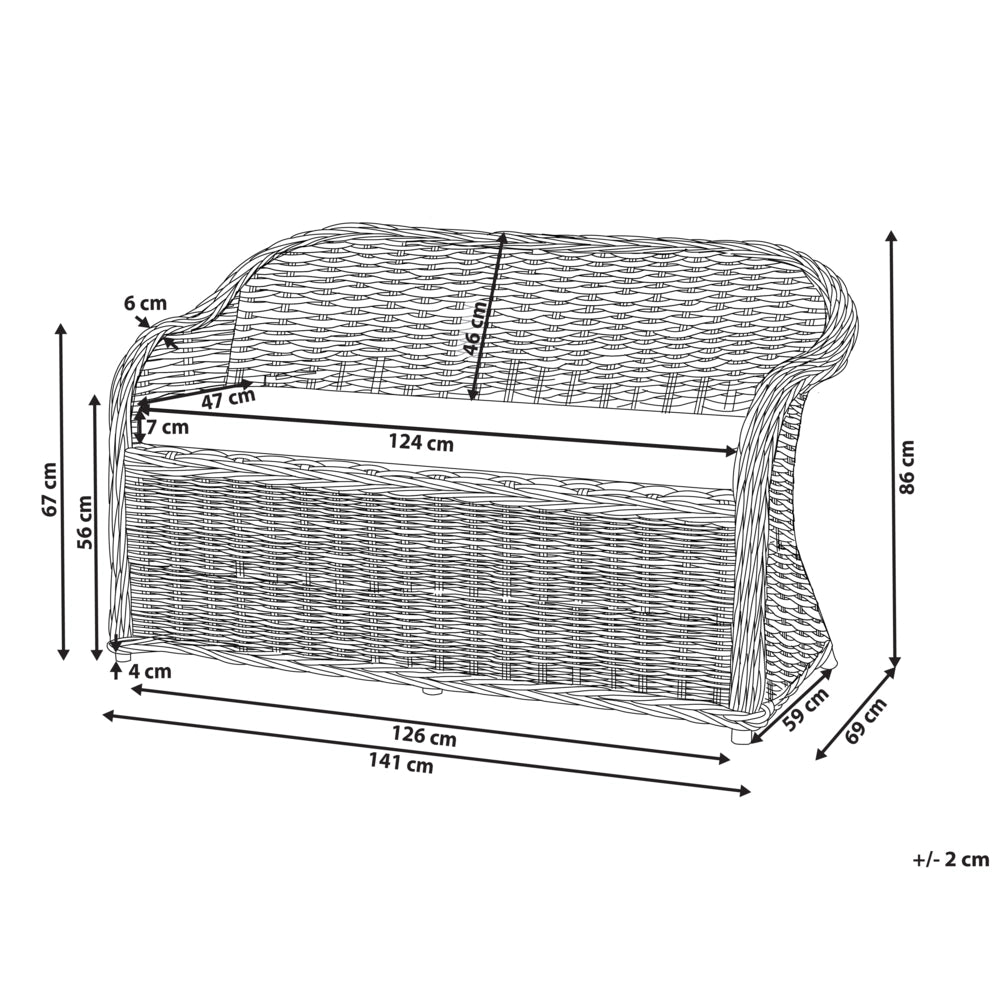 Panca a 2 posti per giardino in rattan naturale con cuscini bianchi e bianco sporco 141 cm stile boho per esterni e interni perfetto per giardino patio o balcone