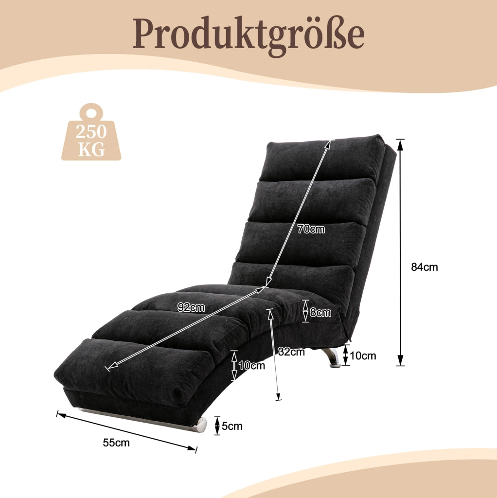 Poltrona chaise longue massaggiante fissa in lino nero con vibrazione e tasca laterale; 55x148x84 cm