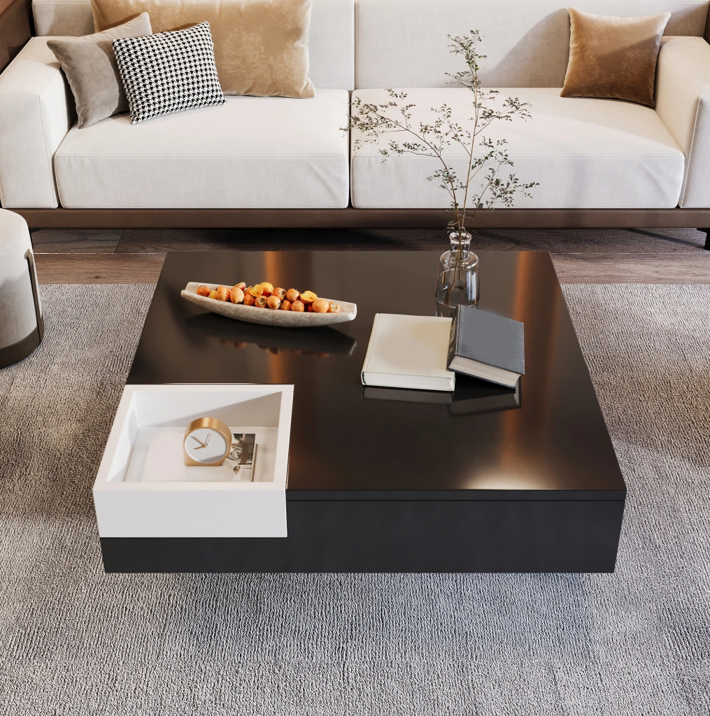 Tavolino da caffè moderno 72x72x30 cm in truciolare nero e bianco lucido con LED