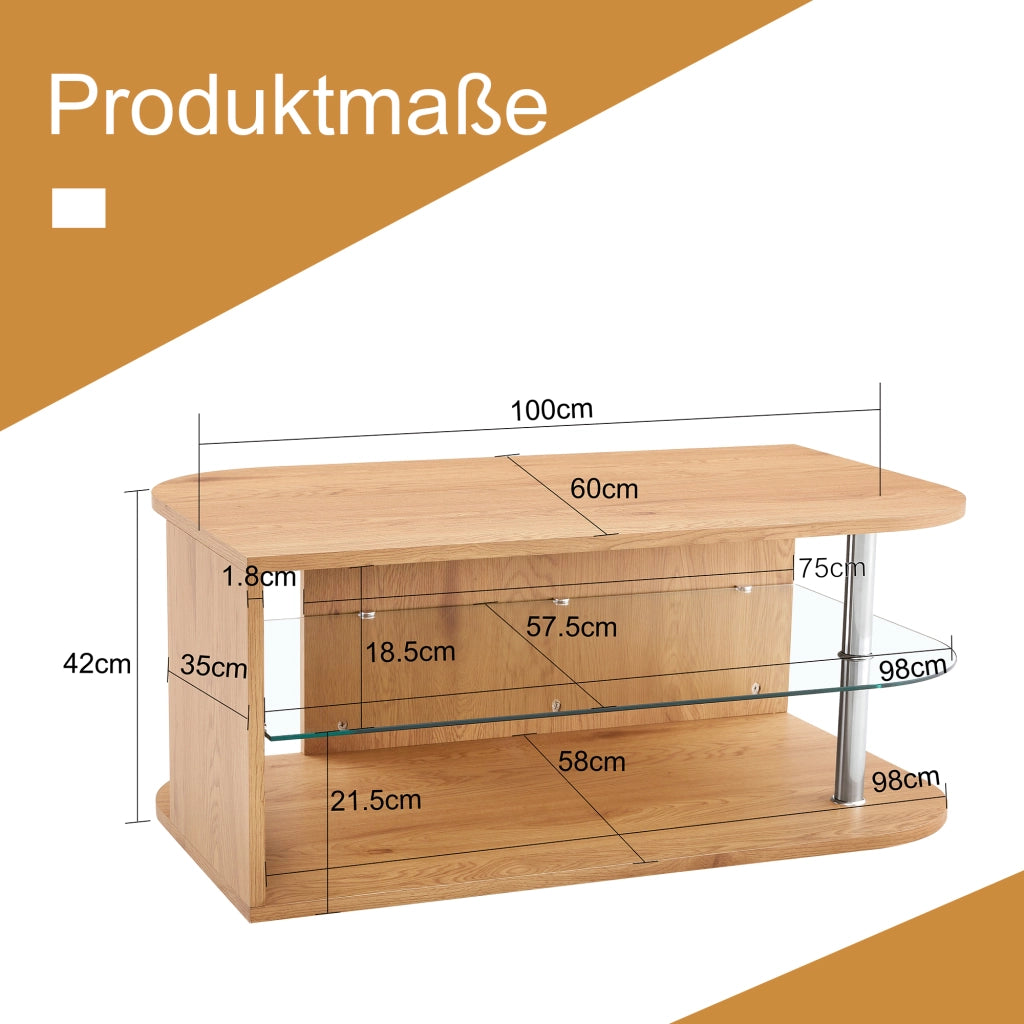 Tavolino basso con doppio ripiano e vano contenitore in MDF effetto legno naturale e vetro 100 × 60 × 42 cm