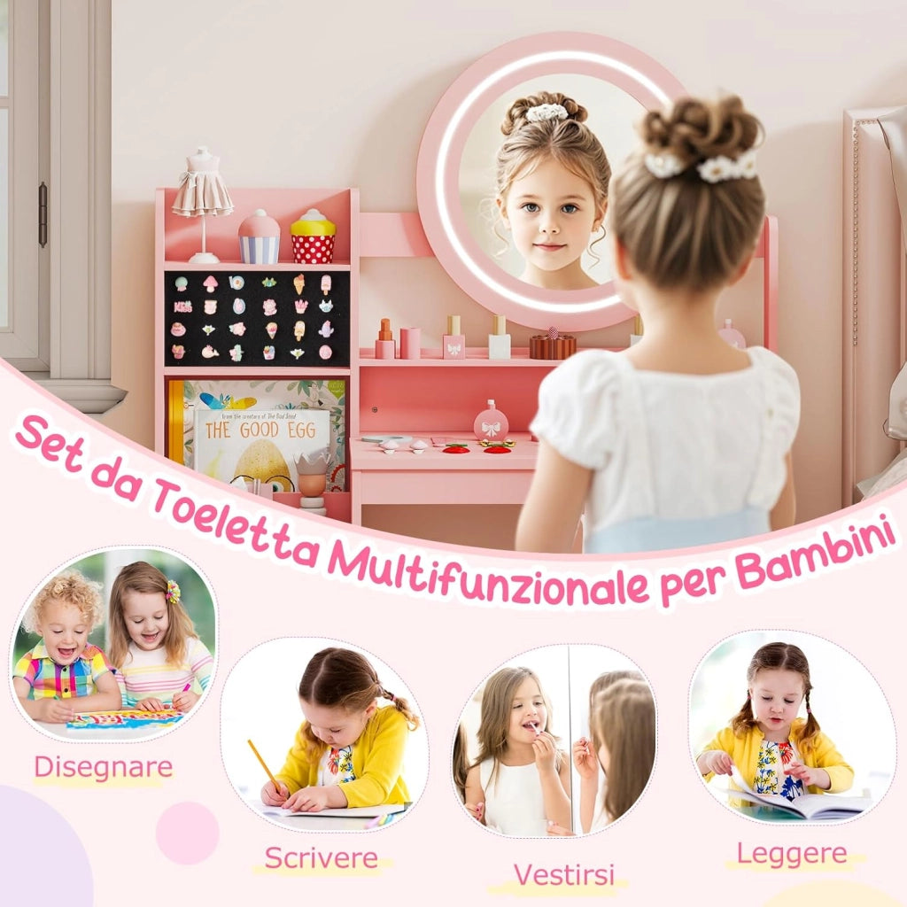Toeletta Trucco per Bambina con Sgabello, Set Tavolo Trucco in Legno con Specchio Luci LED, Scaffale Aperta, Spazi per Annelli e Sgabello Imbottito, Mobile da Principessa per 3+ Anni (Rosa)