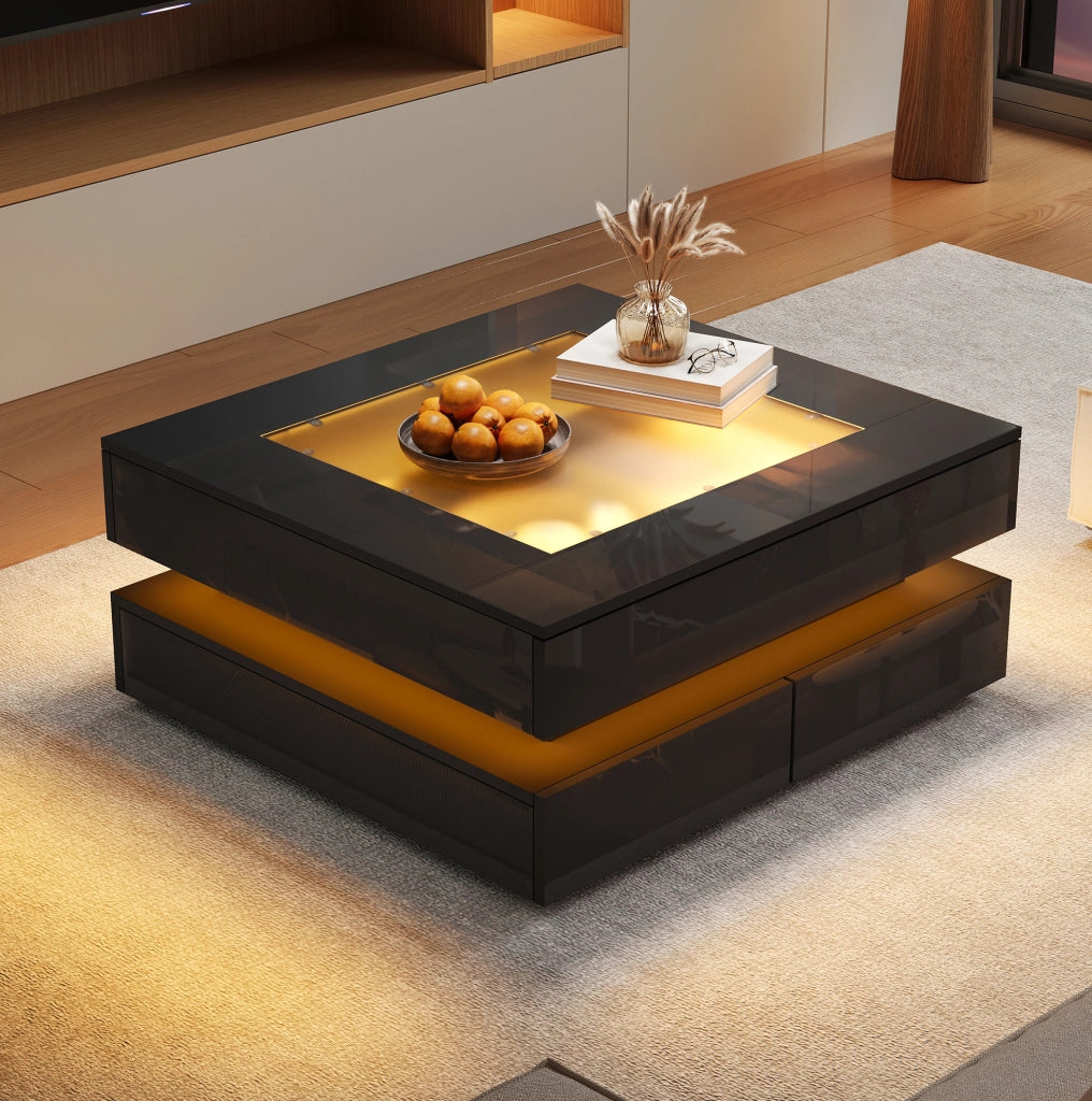 Tavolino da salotto quadrato 70 x 70 x 35 cm con 3 cassetti; vetro temperato e LED; nero