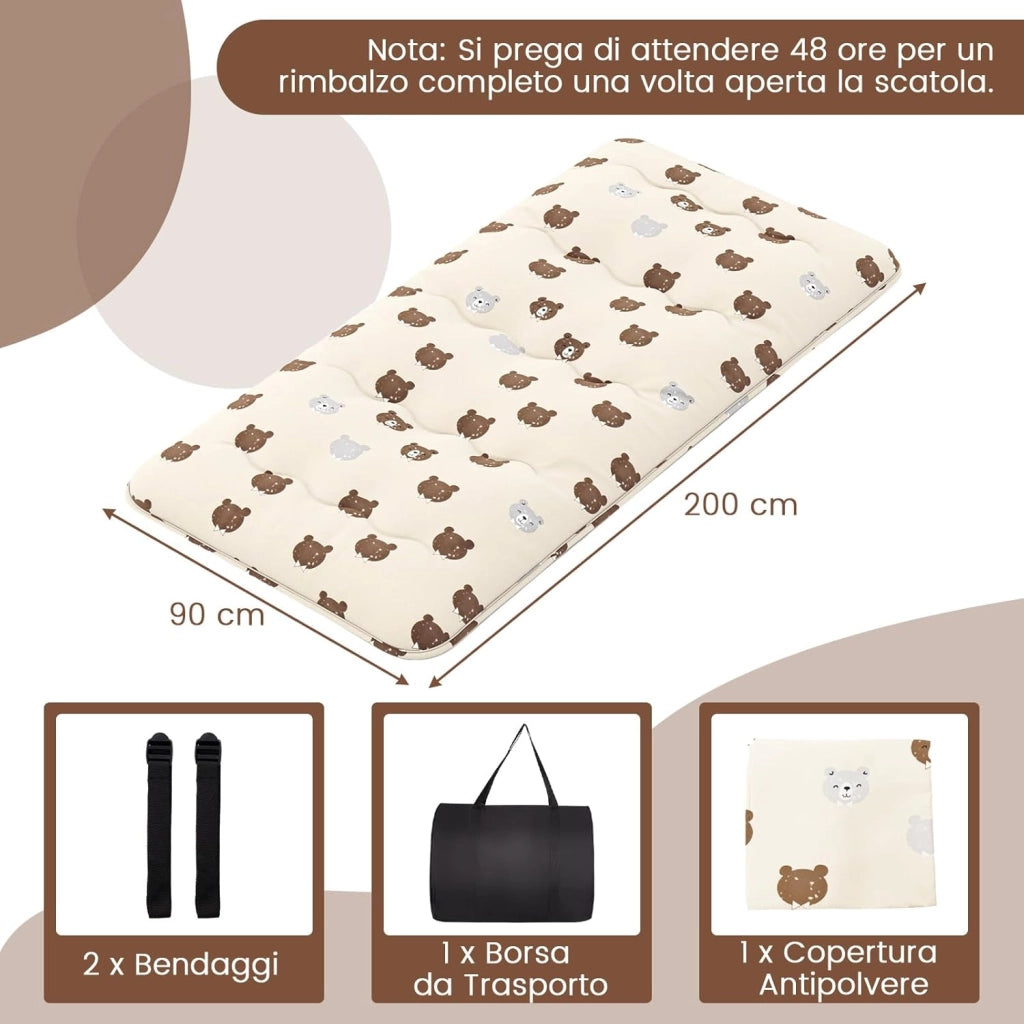 Materasso Futon Pieghevole, Materasso Portatile con Sacca da Trasporto per Camping, Materasso da Terra con Copertura Lavabile (200 x 90 cm, Marrone)
