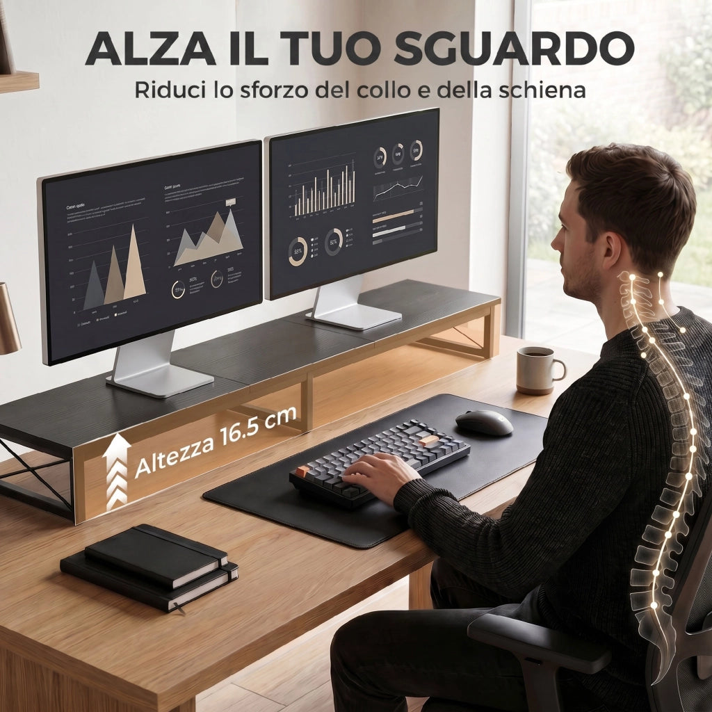 Supporto Monitor da Scrivania 114x30x16,5 cm Rialzo in Legno e Metallo Nero