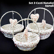 Trade Shop - Set 3 Cestini Natalizi Tondi In Vimini E Tessuto Diametro 38/33/28 Cm Grigio -