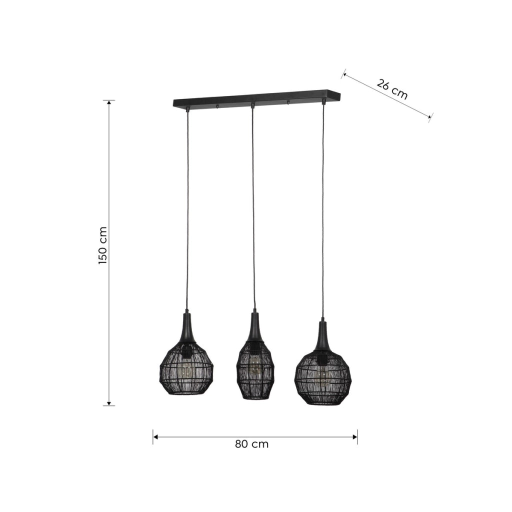 Lampada sospesa industriale nera barra 3 gabbie E27
