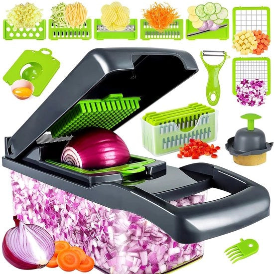 Strumento per la preparazione di verdure 15-in-1 - Trasformatore di cubetti - 7 lame intercambiabili - Per affettare frutta, verdura, carote, patate, aglio
