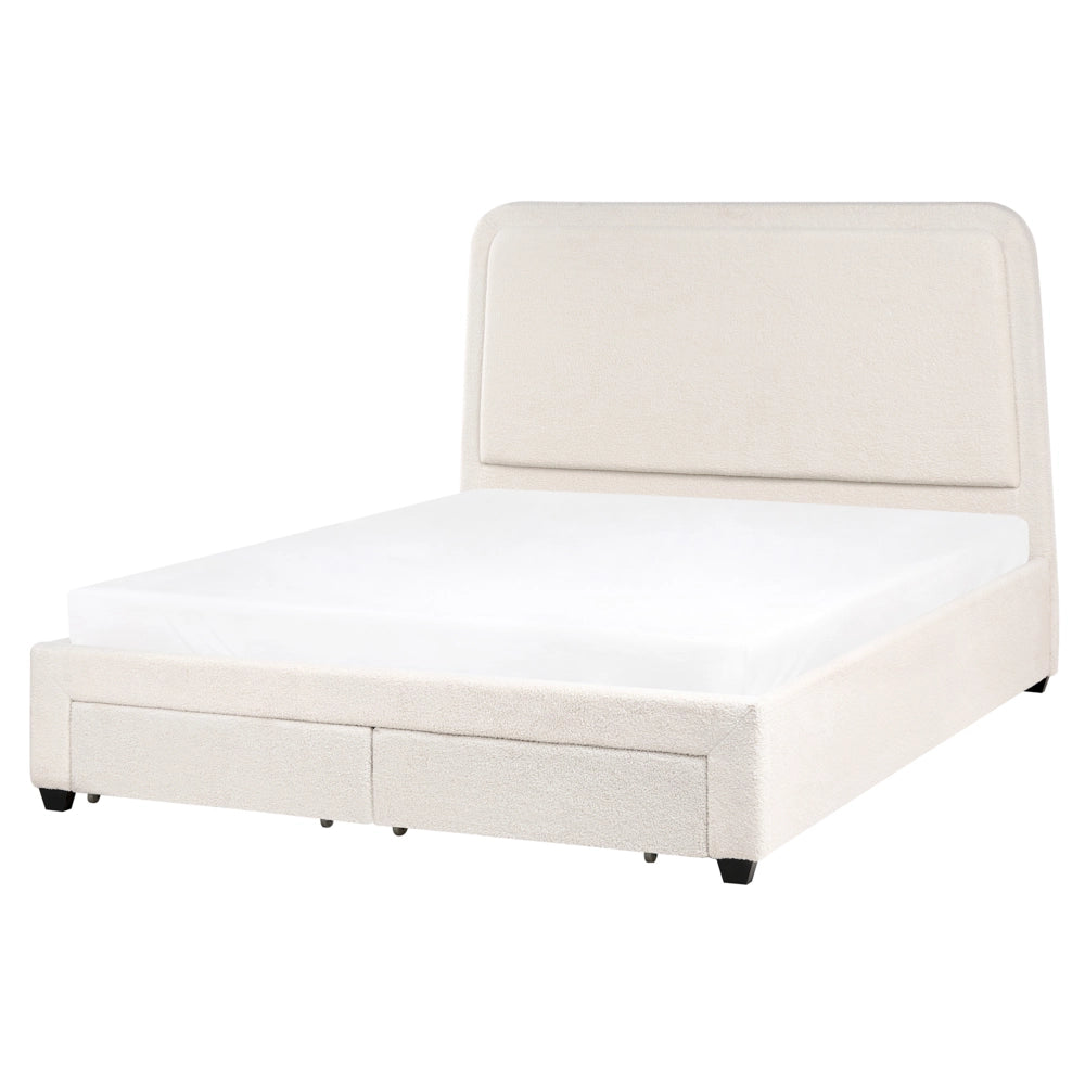 Letto imbottito in bouclé bianco sporco 160 x 200 cm Design scandinavo con morbidi cassetti sulla testiera