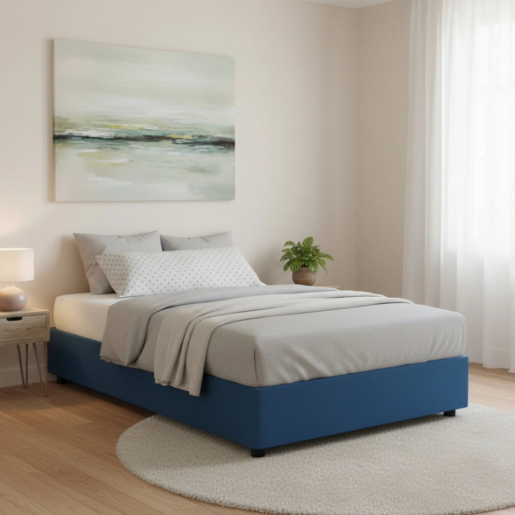 Letto matrimoniale Alaksir, Letto contenitore con rivestimento in tessuto, Made in Italy, Apertura frontale, con materasso cm 140x200 incluso, Blu