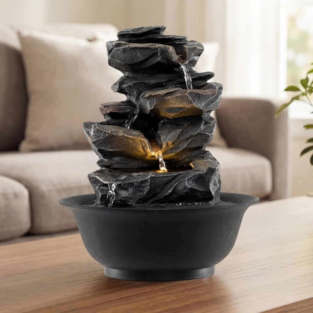 Fontana Zen da Interno, Fontana da Tavolo a Cascata con Luce LED, Pompa Silenziosa e Velocità dell'Acqua Regolabile, Fontanella Decorativa per Soggiorno, Ufficio e Camera da Letto (Modello 1)