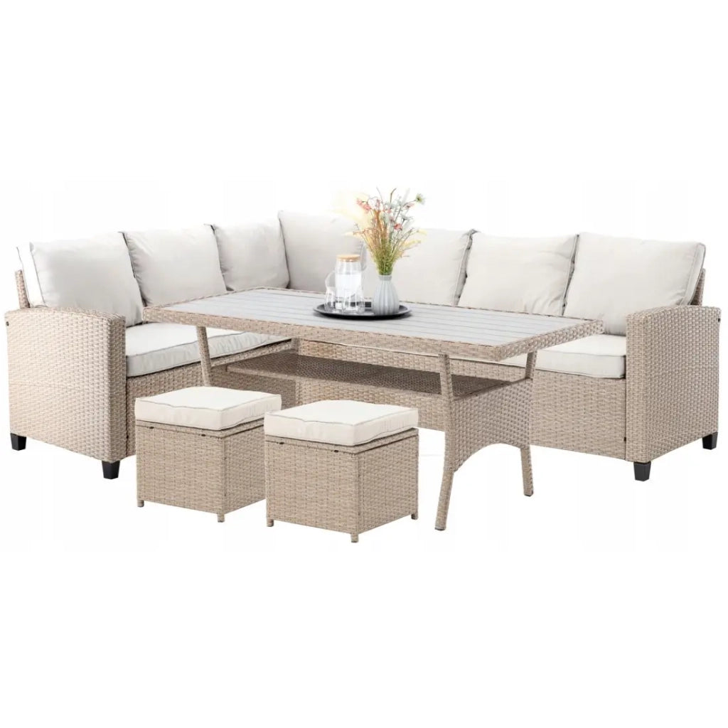 Salotto da giardino ad angolo LIVANA con tavolo e 2 pouf beige e marrone chiaro