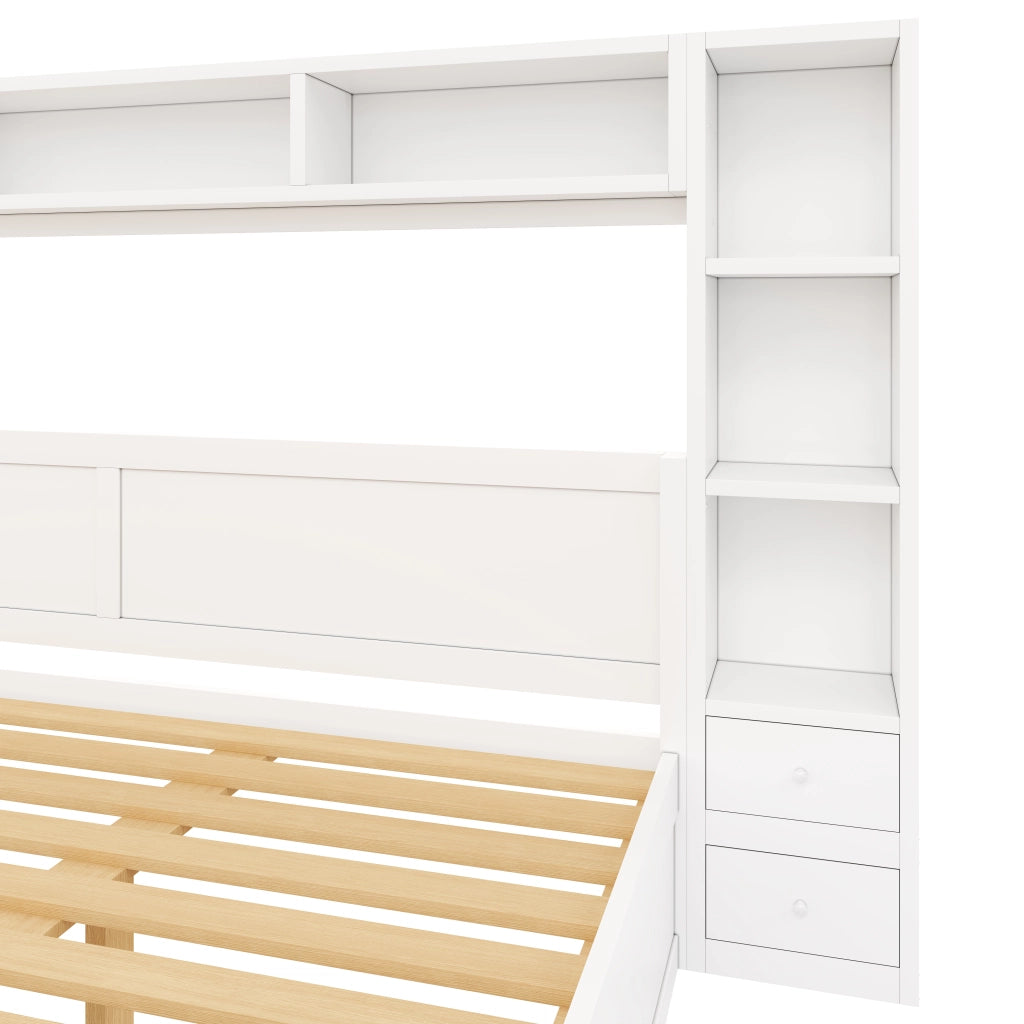 Letto contenitore 180x200 cm con testiera libreria; 7 cassetti e LED; bianco