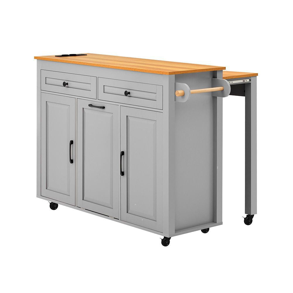 Isola cucina mobile con tavolo estendibile - Xylo - Grigio - Compartimento rifiuti e multipresa