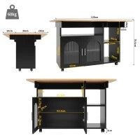 Isola cucina moderna con spazio di conservazione e armadietti con ante in vetro, 120×30×79,5 cm, Nero e Legno naturale