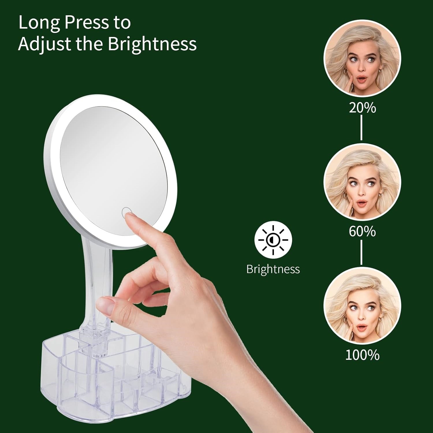 Specchio da Trucco con Luce Led e Porta Accessori Trasparente Ingrandimento 1X