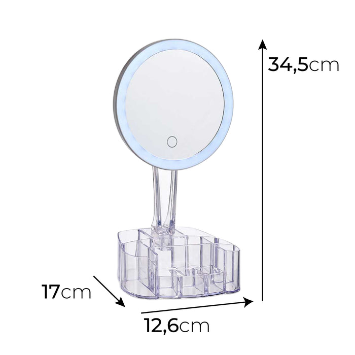 Specchio da Trucco con Luce Led e Porta Accessori Trasparente Ingrandimento 1X