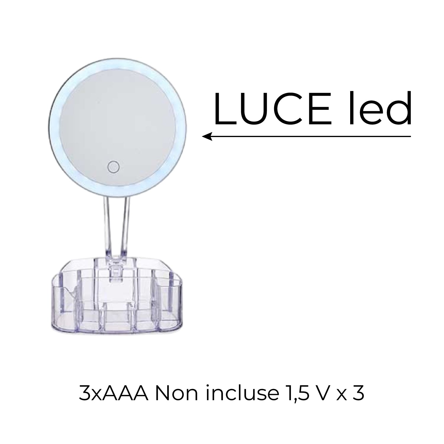 Specchio da Trucco con Luce Led e Porta Accessori Trasparente Ingrandimento 1X