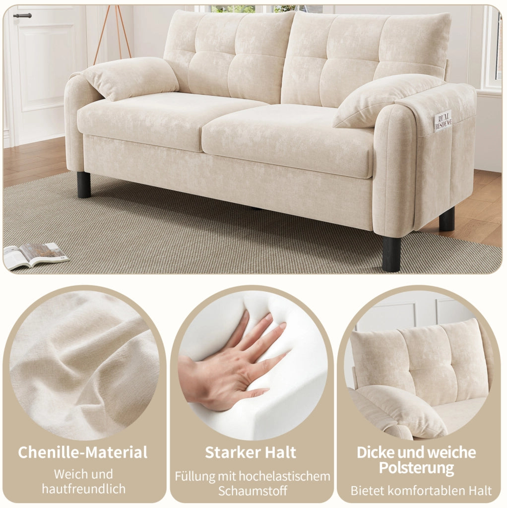Divano 2 posti modulare in ciniglia beige con tasche laterali e 2 cuscini; 158 × 80 × 88;5 cm