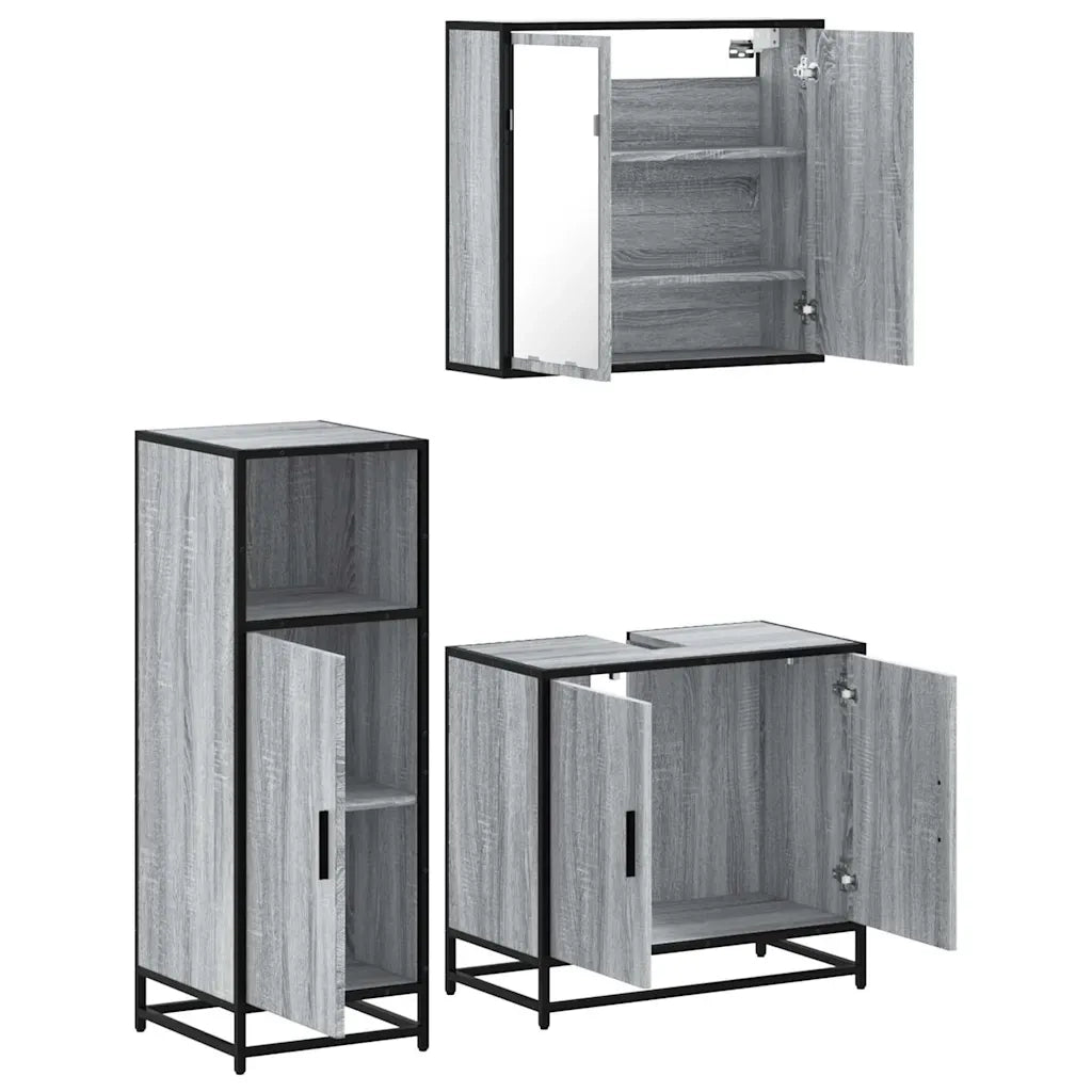 Set Mobili da Bagno | Armadio da bagno 3 pz Grigio Sonoma in Legno Multistrato