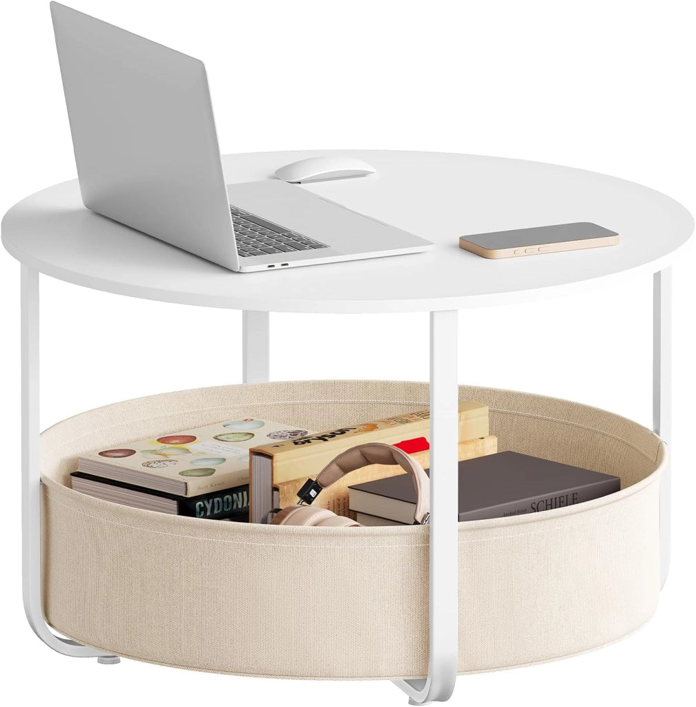 Tavolino da Salotto Rotondo Ø 80 cm con Cestino Portaoggetti in Tela e Struttura in Metallo, Tavolino da Caffè per Soggiorno, Stile Moderno, Nero+Grigio