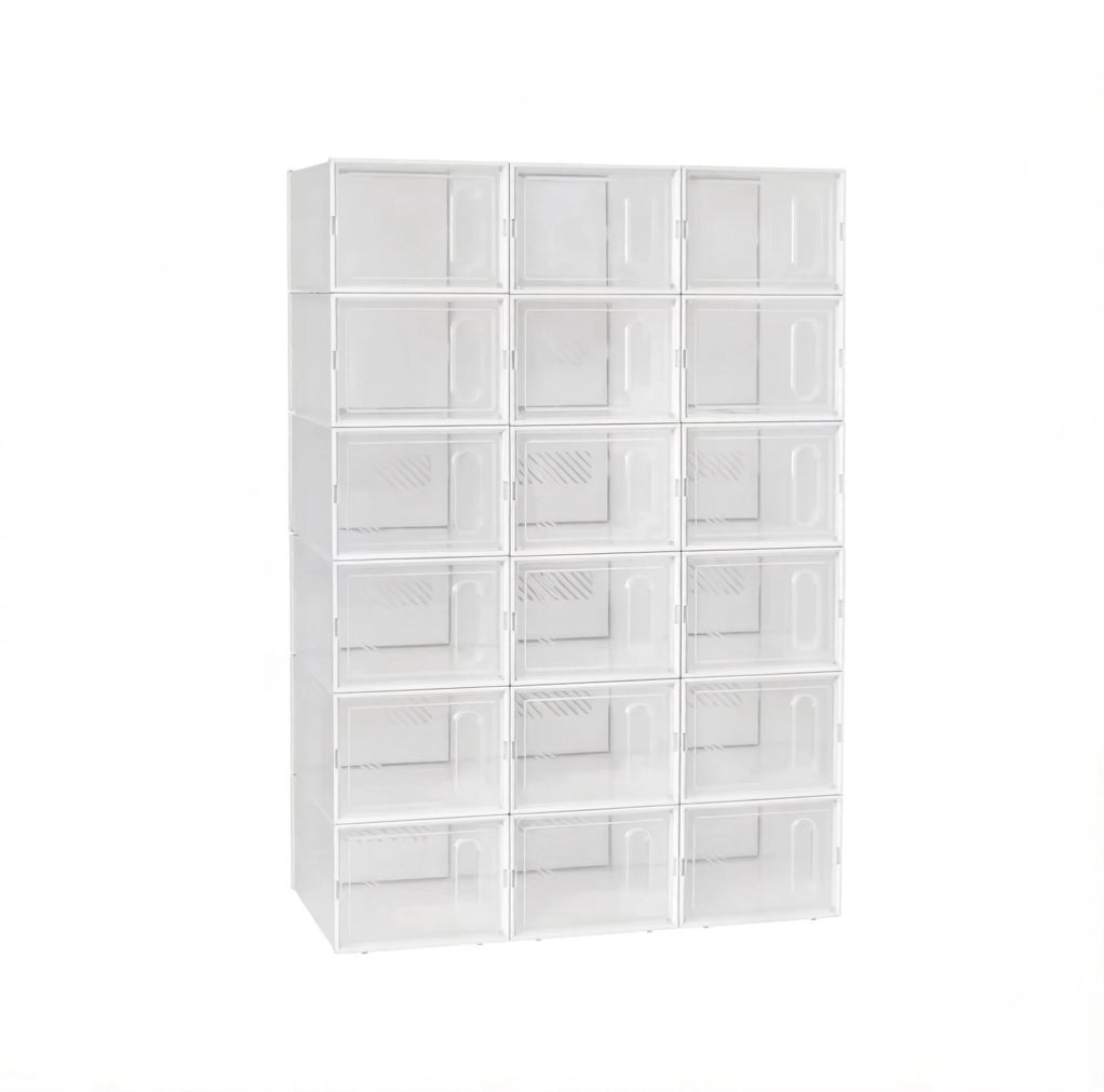 Set 18 scatole portascarpe ULEVR 25x18,5x35,5 cm impilabili con coperchio frontale, plastica trasparente e bianca