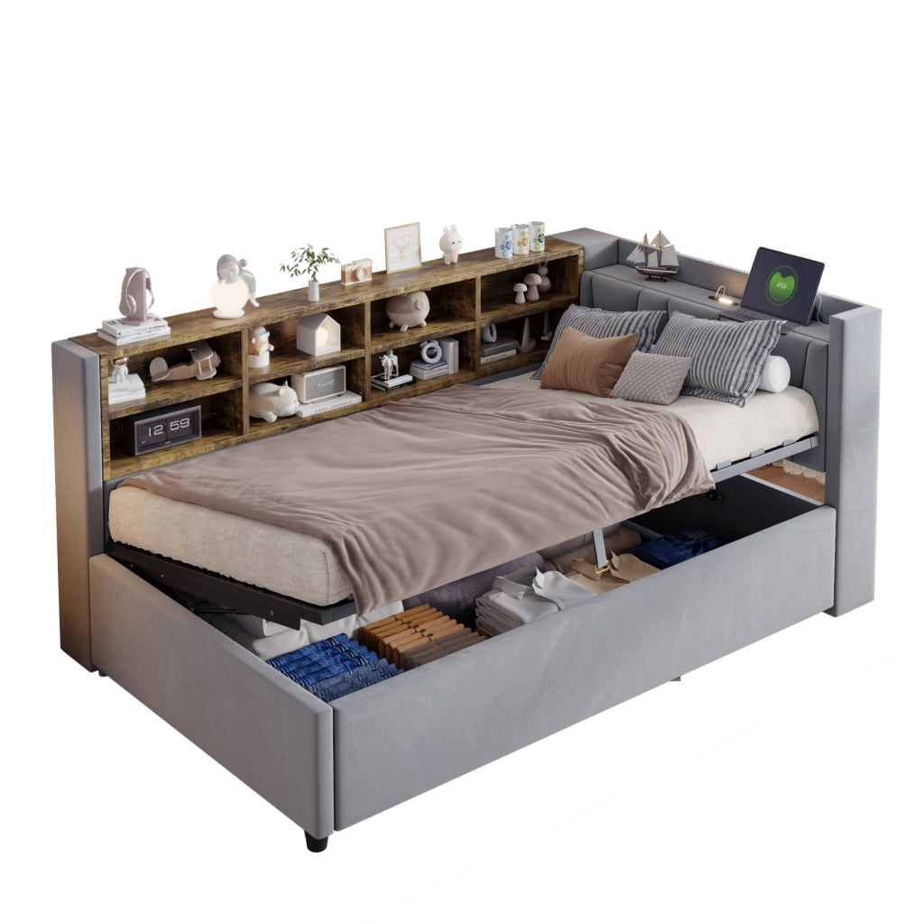 LETTO imbottito 90x200 cm in velluto grigio con testiera multifunzione