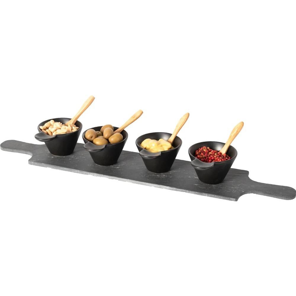 Trade Shop - Set Antipastiere Con 4 Piattini E Cucchiaini In Bamboo E 1 Vassoio In Ardesia -