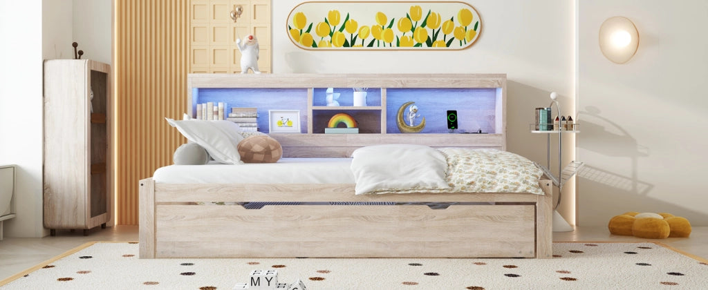 DESMIU Divano letto 90 × 200 cm 1 posto con letto estraibile, LED, prese USB e vano laterale, senza materasso, naturale