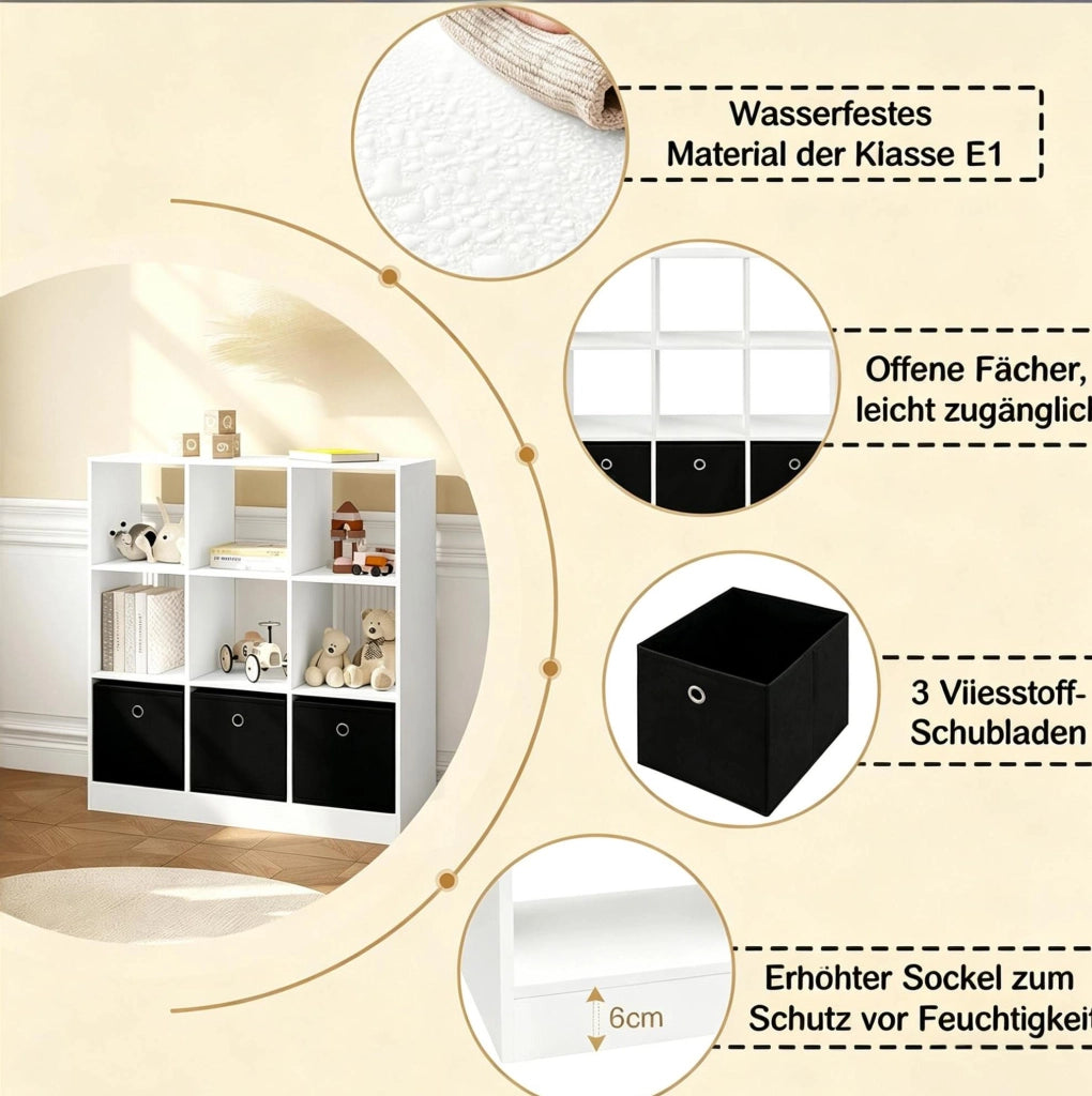 Libreria a cubi con 3 cassetti in tessuto, 80 x 86,5 x 30 cm