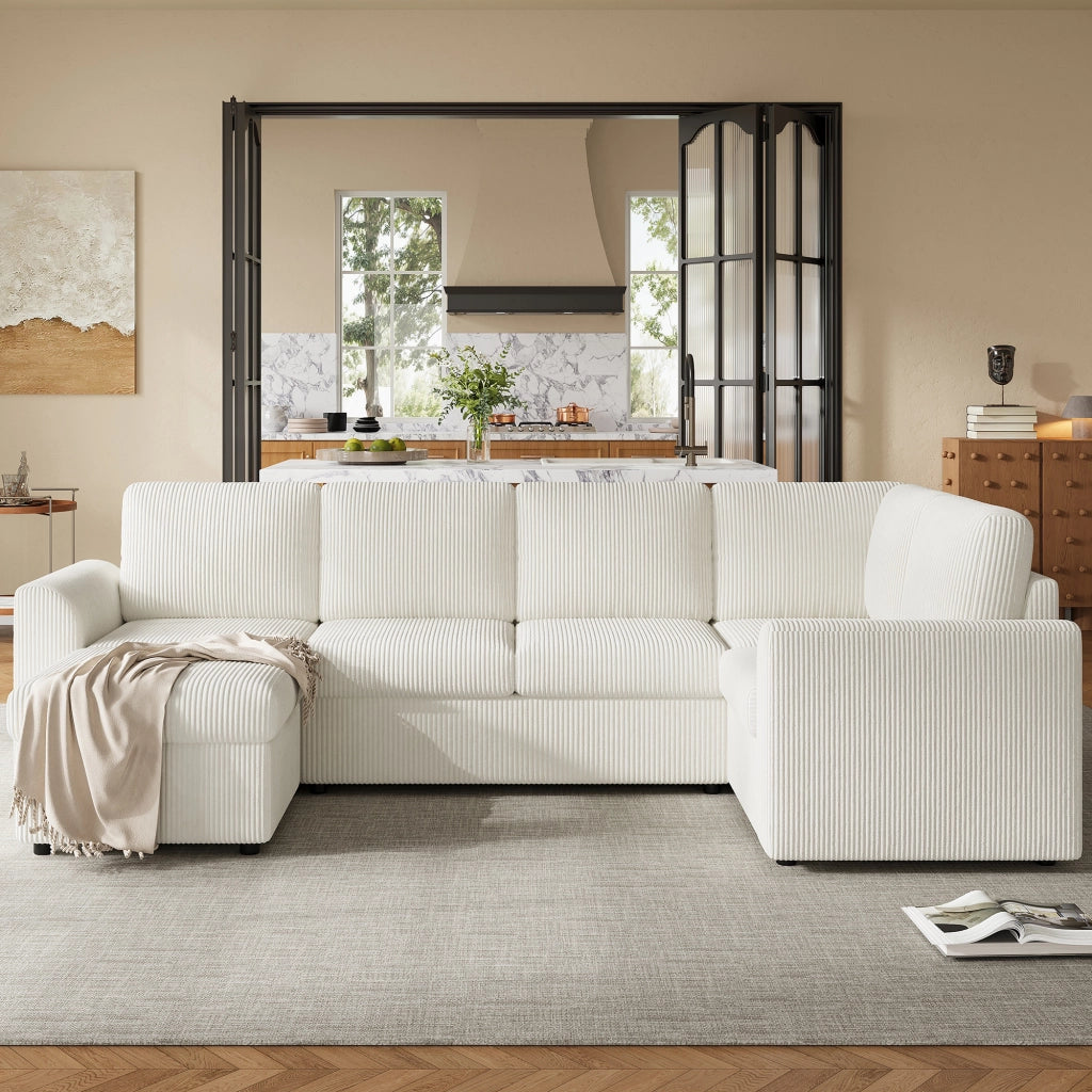 Divano Angolare con Poggiapiedi ¨C Xylo ¨C Beige, Velluto a Coste, 282x153x85 cm