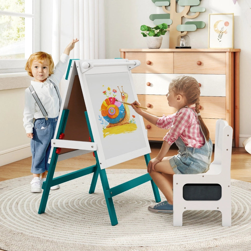 Cavalletto artistico doppia faccia per bambini con sedia contenitore, Cavalletto da disegno regolabile in altezza Verde-Cavalletti e lavagne bambini