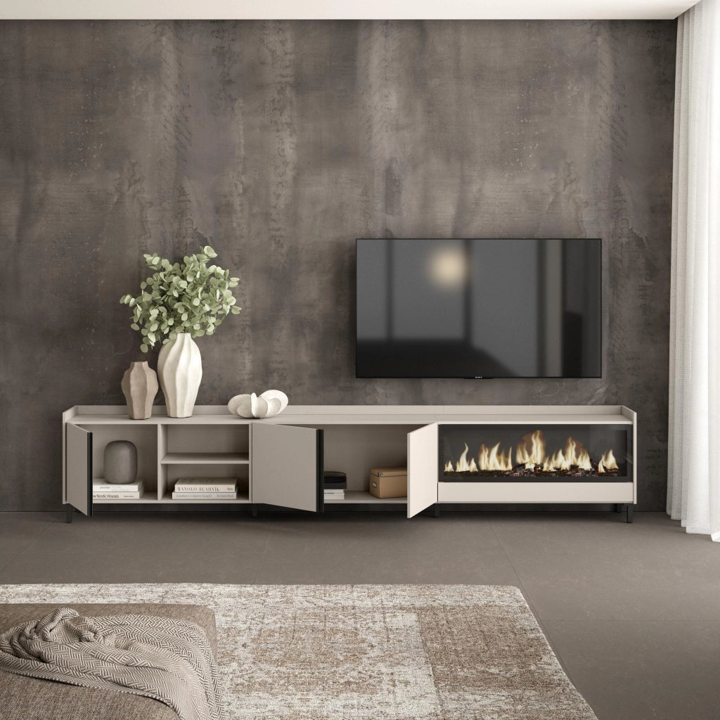 Mobile TV Soggiorno, 315x61x35 cm, Per TV fino a 80", Camino elettrico XXL, Design industriale, Beige