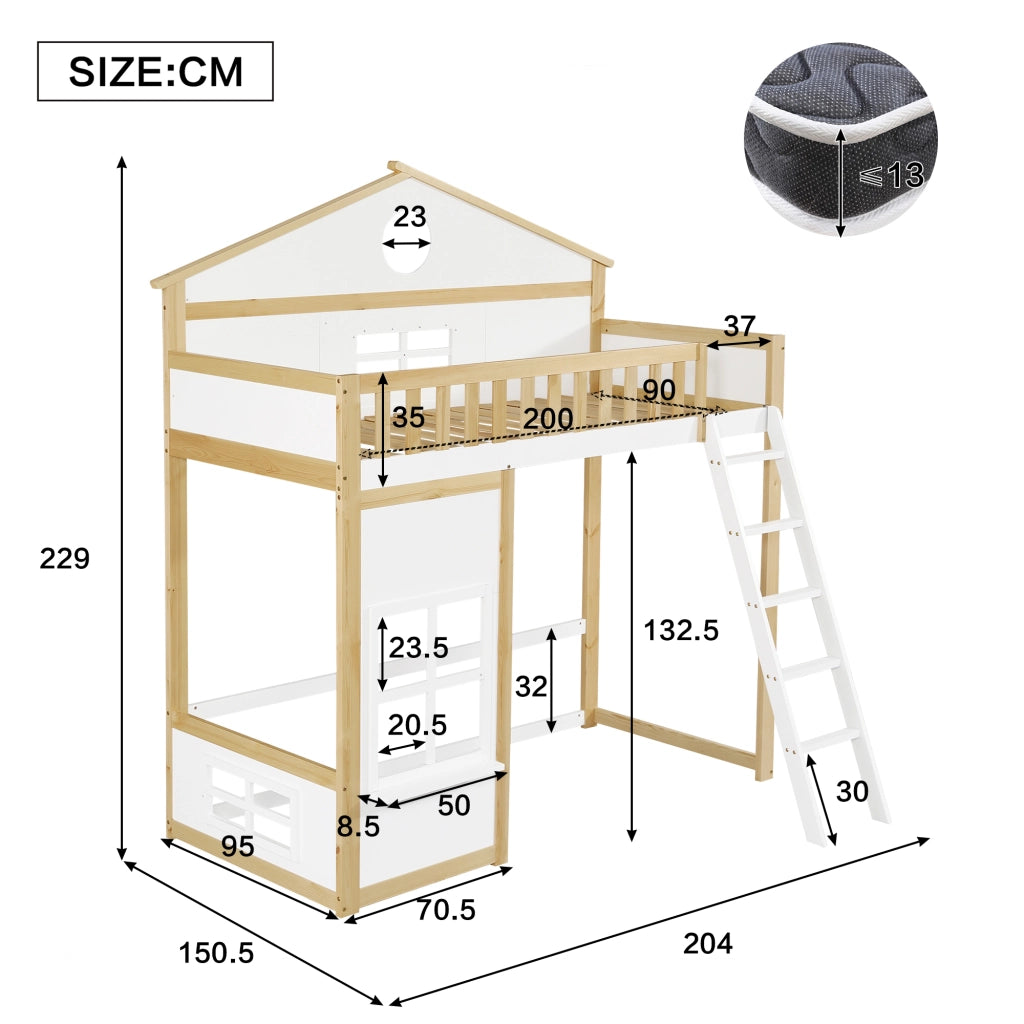 Letto a castello per bambini 90×200 cm con scala; barriera di sicurezza; tetto e finestre; senza materasso