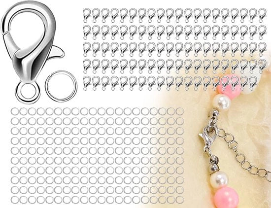 Kit di chiusure per gioielli, 300 pezzi di kit di chiusura a catena, 100 pezzi di chiusura a carabina, chiusure in argento con 200 pezzi di anelli aperti, chiusure per bracciali, collane e gioielli (argento)