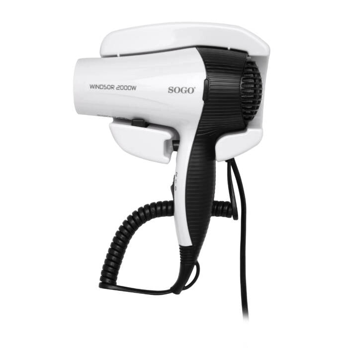 Asciugacapelli da parete 2000W con aria fredda, 2 velocità e supporto muro con cavo spiralato per bagno hotel - Sogo