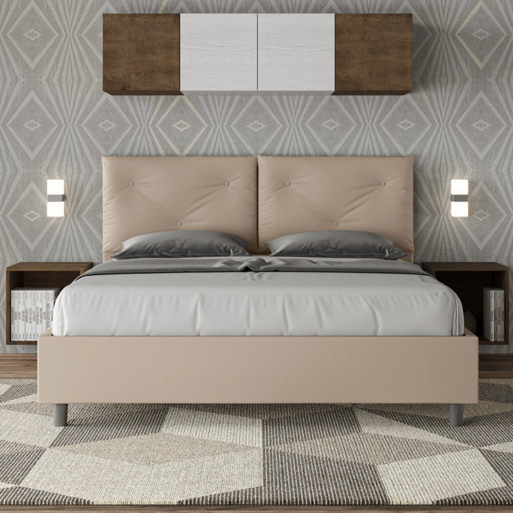 Letto Matrimoniale 160x190 cm con Rete e Contenitore con Alzata Comoda Imbottito in Similpelle Appia Tortora