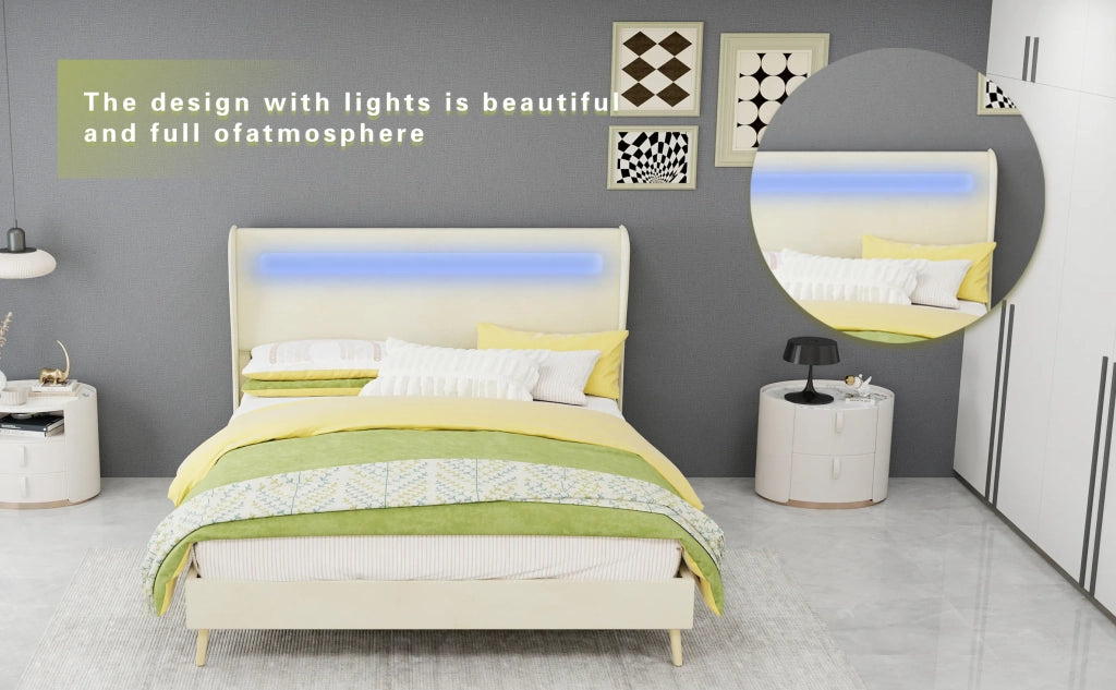 Letto imbottito minimalista beige 140x200 cm con testiera LED, base bassa non contenitore (senza sollevatore a gas), materasso 140x200 cm incluso