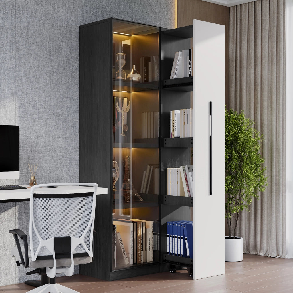 Vetrina con 1 Porta in Vetro Temperato; 1 Cassetto Laterale; LED; Cerniere Silenziose; in MDF; 70??40??160 cm; Nero Bianco
