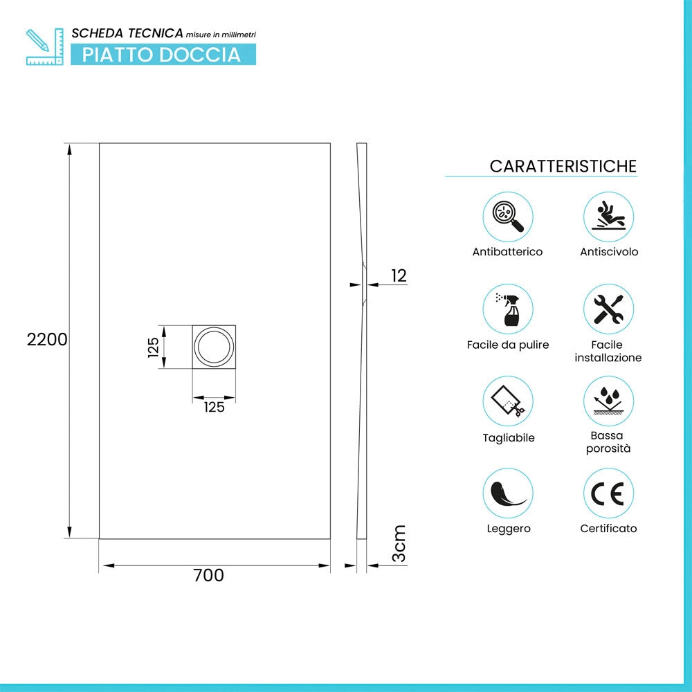 Piatto doccia 70x220 in marmoresina effetto pietra bianco riducibile Ten
