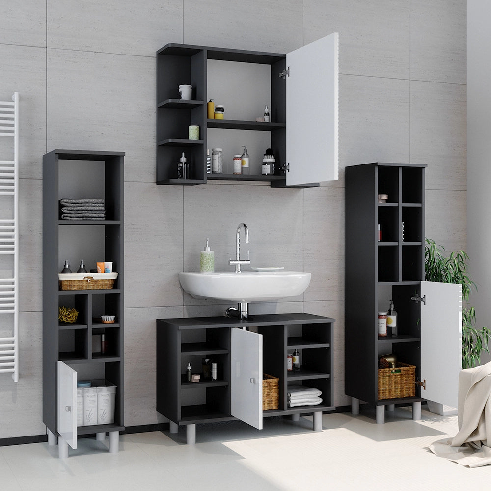 Mobiletto per lavabo Fynn Antracite/Bianco lucido 80 x 54 cm con 6 ripiani Vicco