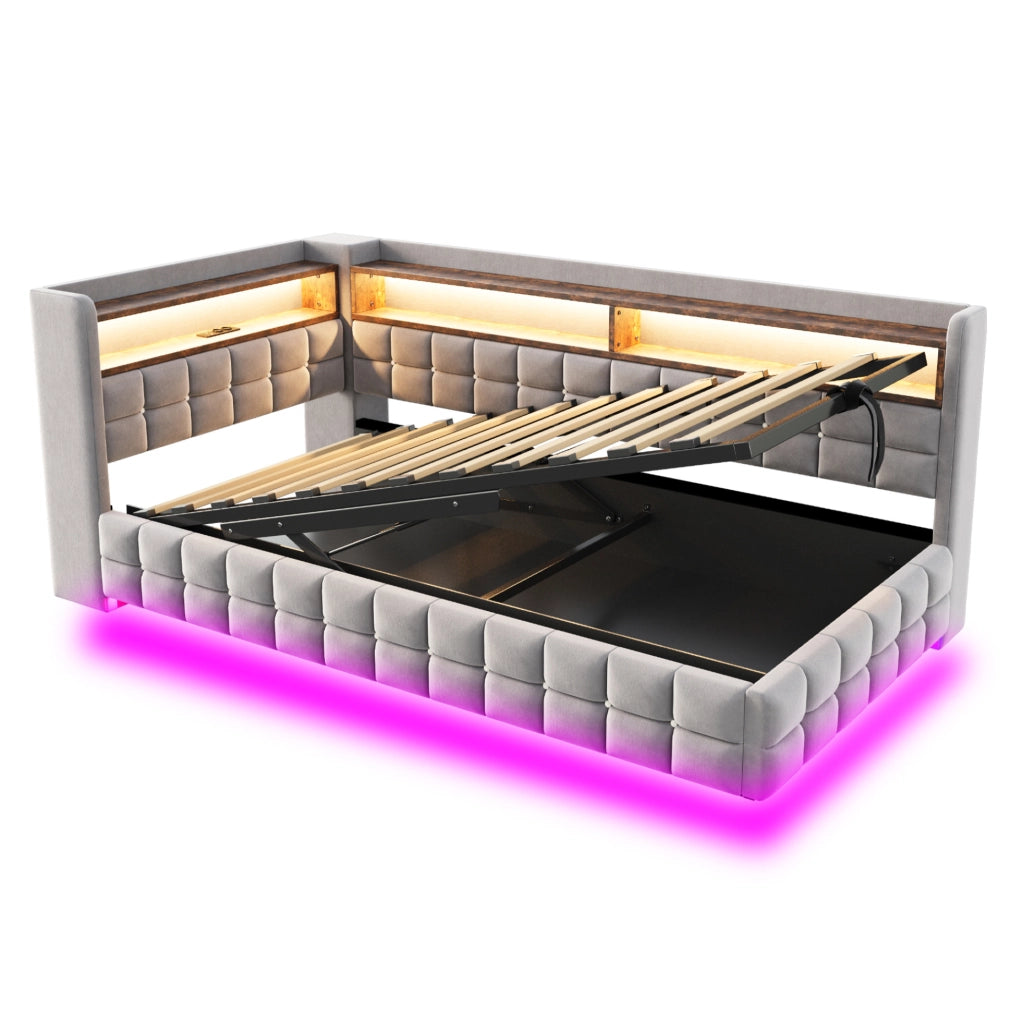 Divano letto imbottito 90x200 cm con contenitore idraulico; LED; USB e Type-C; grigio chiaro