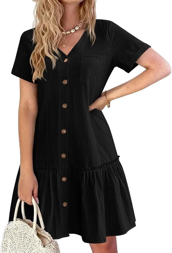 Vestito estivo con collo V - Casual - Linea A - Maniche corte - Lunghezza ginocchiere - Tela a tessuto puro