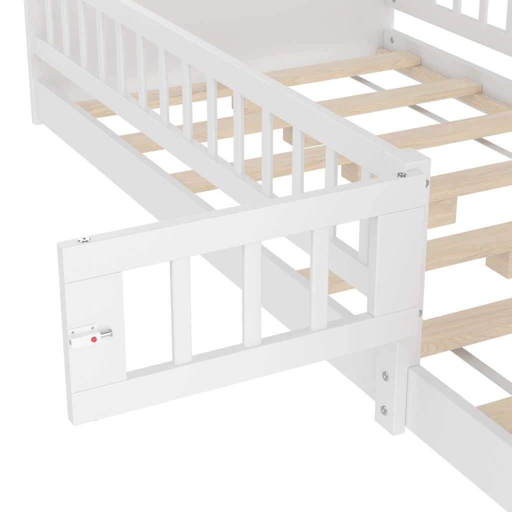 DESMIU Letto Bambino 90 × 200 cm 1 Posto con Vani Aperti, Ripiani e Sponda Apribile, Senza Materasso