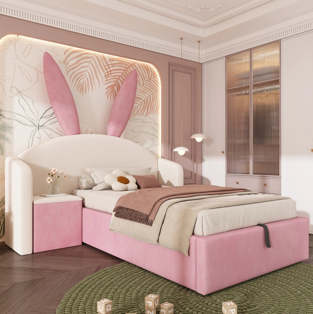 Letto imbottito 90 x 200 cm beige e rosa con contenitore e comodino