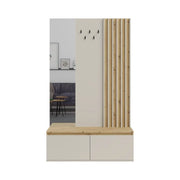 Mobile da ingresso Mone 120 cm con appendiabiti, specchio e vani contenitore – Rovere chiaro e beige cachemire