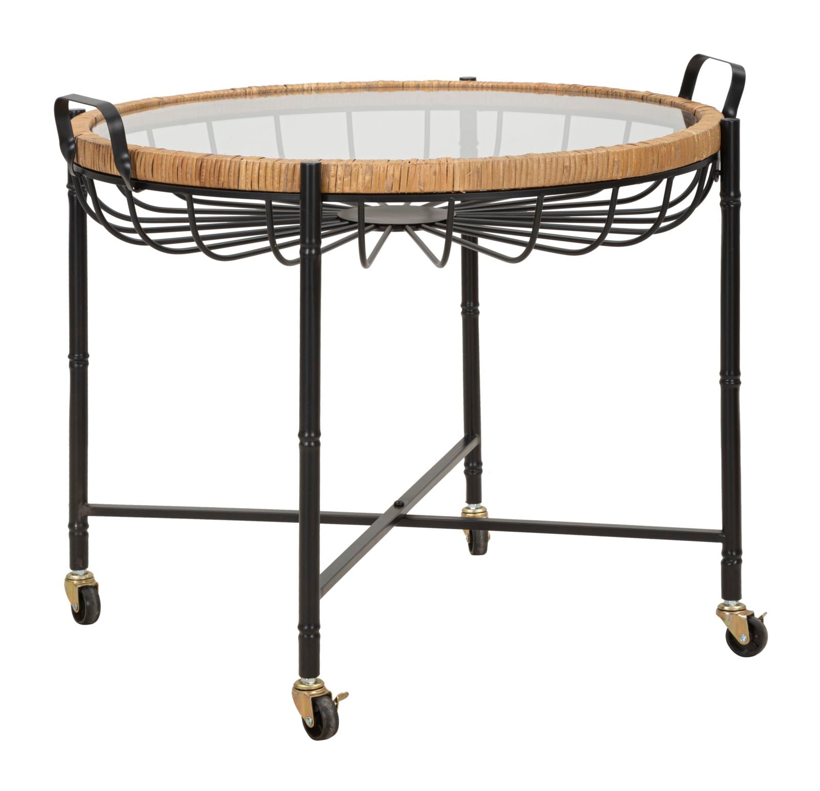 Tavolino Basso 70,5x65x57 cm con Ruote in Metallo Piano in Vetro